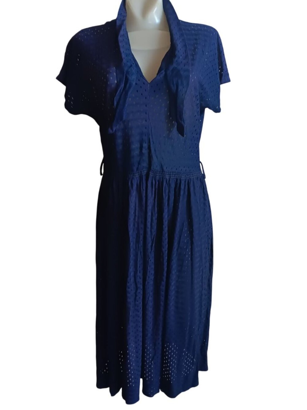 True Vintage Dress 1OF1 8 1960's Eyelet Midi Tie Neck Slinky Stretch Nylon